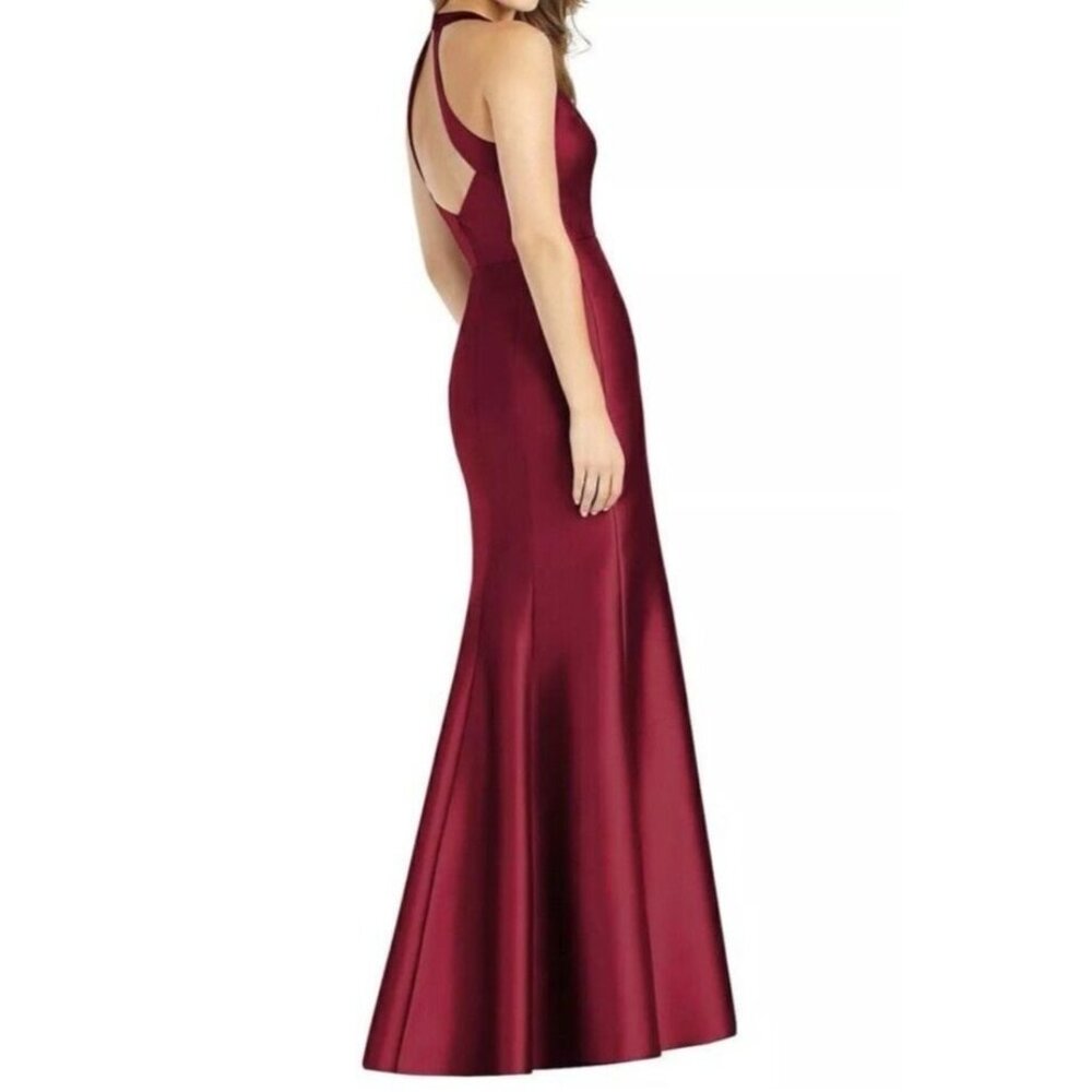 Alfred Sung Burgundy Satin Halter Formal Gown Size 14 V Neck Party $239 D761 - Picture 3 of 5